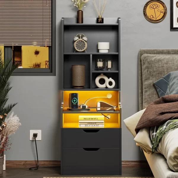 Charging Nightstand Set of 2 with LED Lights,Tall Night Stand with Bookshelf,Bedside Table with Drawers - Image 4
