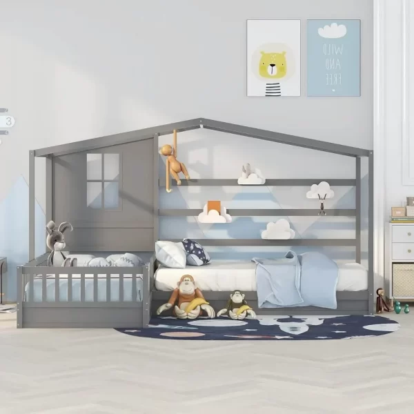 Solid Wood Twin Platform Beds Frame for 2 People, L Shaped Bed Frame with Roof, Twin Corner Bed House Beds for Kids - Image 4