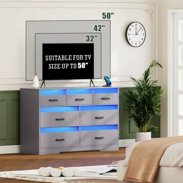 Grey Dressers for Bedroom, 7 Drawers Large Chest of Drawers with LED Light, Modern Dresser with USB & Type-c Charging Ports - Image 6