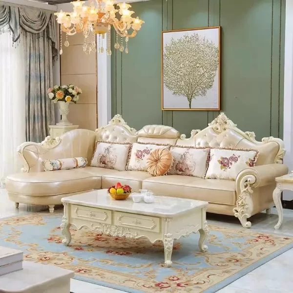 European leather sofa combination living room size luxury European villa American solid wood corner sofa