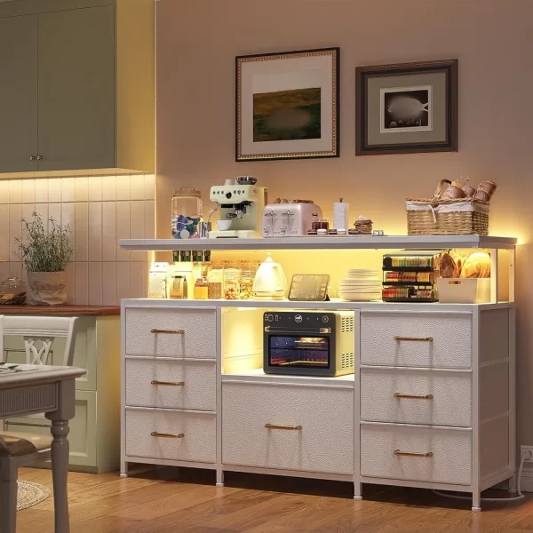 Dresser TV stand with LED lights & power outlets,55"TV stand dresser entertainment center with 7 fabric drawers and wood shelves - Image 5