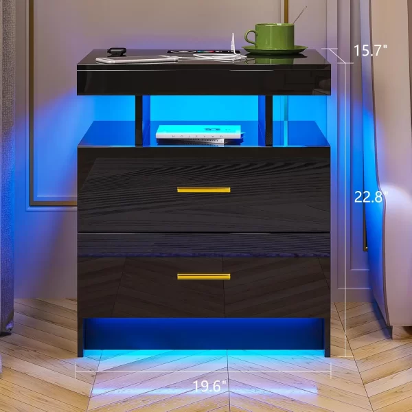 LED Nightstand, RGB Black Night Stand with USB/Wireless Charging Station, Modern Bedside Table has Auto Sensor RGB Lights - Image 2