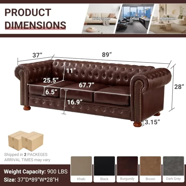 Chesterfield Sofa, 89" Faux Leather Sofa, Upholstered Sofa, Low Back, Rolled Arms Nailhead Trim, Classic 3 Seater Sofa - Image 2