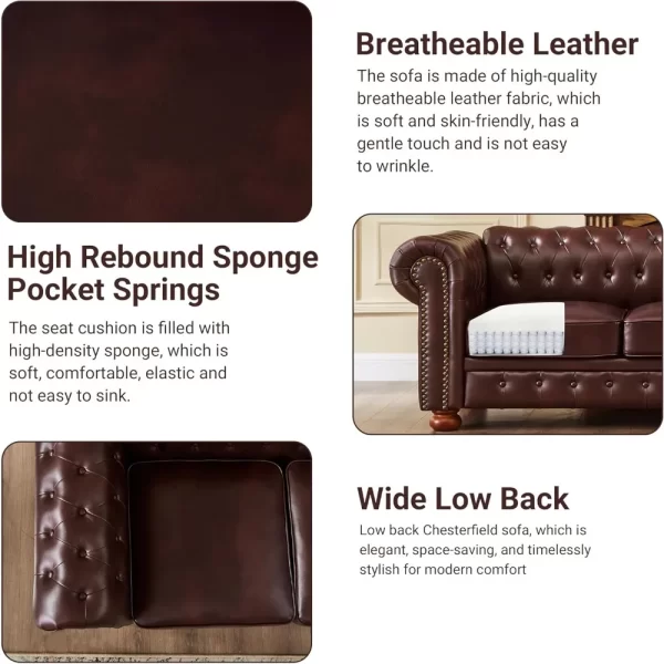 Chesterfield Sofa, 89" Faux Leather Sofa, Upholstered Sofa, Low Back, Rolled Arms Nailhead Trim, Classic 3 Seater Sofa - Image 5