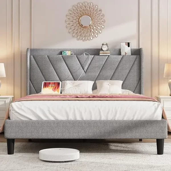 Bed Frame with Headboard, Adjustable Velvet Upholstered Bed Frame with Type-C&USB Ports, Wingback Storage Headboard - Image 7