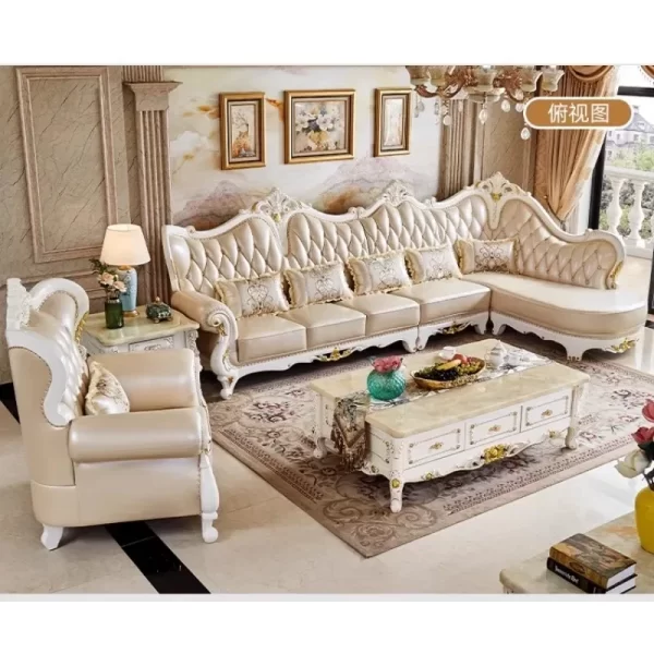 European solid wood leather corner concubine sofa living room small apartment L-shaped corner sofa combination simple leather so - Image 2