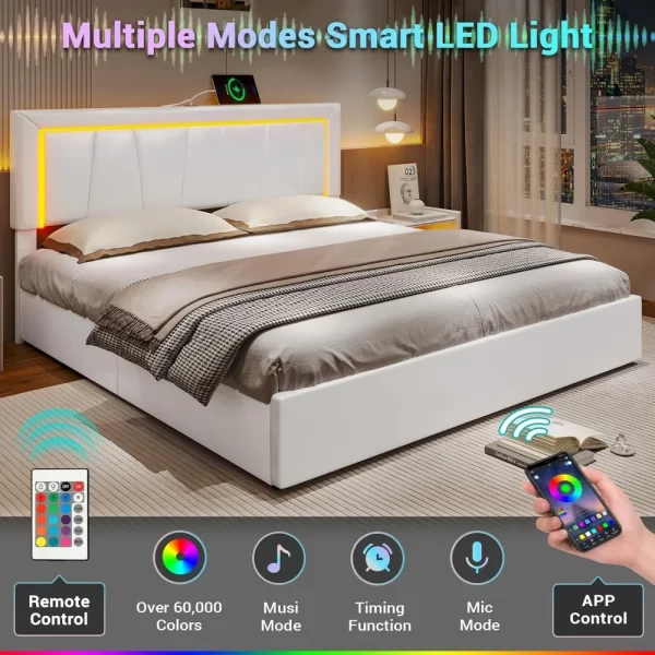 California King Bed Frame with 4 Storage Drawers,White Artificial Leather Upholstered Headboard, No Spring Needed, Noise Free - Image 3