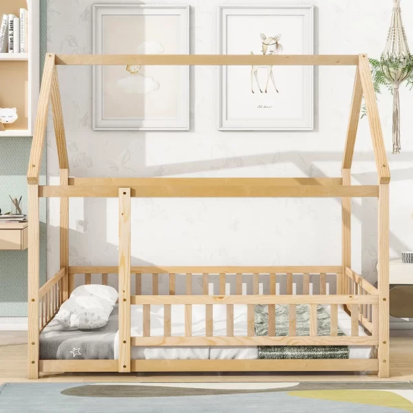 Full Size Floor Wooden Bed with House Roof Frame, Fence Guardrails ,Nartural(Old SKU:W504105242) - Image 3