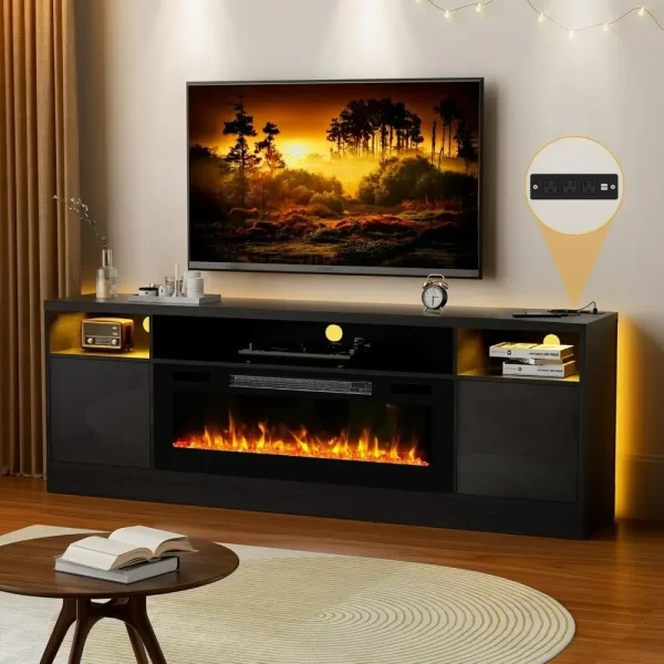 70'' TV Stand, 36'' Fireplace-LED Light Entertainment Center for 75 Inch TV Black TV Cabinet with Storage, Modern TVs Console