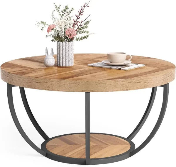 32" Circle Marble Coffee Tables, 2-Tier Golden Metal Legs Accent Center Table with Open Storage Modern Design Home Furniture - Image 9