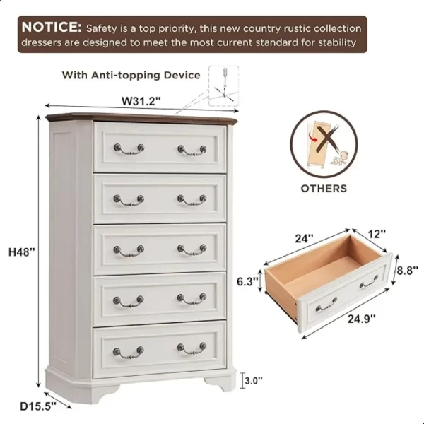 48" Tall Wood Rustic Chest of Drawers, Farmhouse 5 Drawers Dresser, Storage Dressers Organizer for Bedroom - Image 5