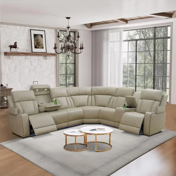 Sofa Living Room, Power Reclining Sectional Sofa USB Chargers And Storage Console, Leather Recliner Sofa For Living Room Set - Image 9