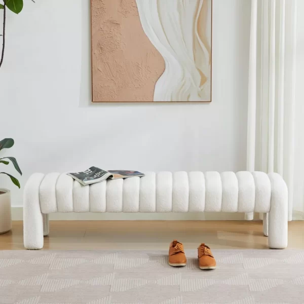 End of Bed Bench, Modern Sherpa Entryway Bench, Upholstered Ottoman Stool with Extra Length, Full Coverage Fabrics - Image 6