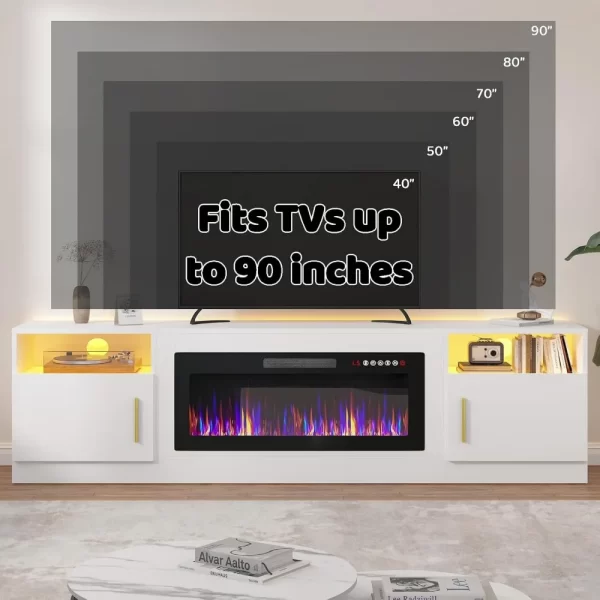 36 inch Fireplace Up to 90" TVs, LED Light Entertainment Center and Storage, 80" Modern Wood Media, TV Stands - Image 6