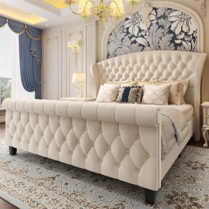Queen Platform Bed Frame, 52.5" Tall Velvet Upholstered Sleigh Beds with Scroll Wingback Headboard & Footboard, Queen Bed Frame