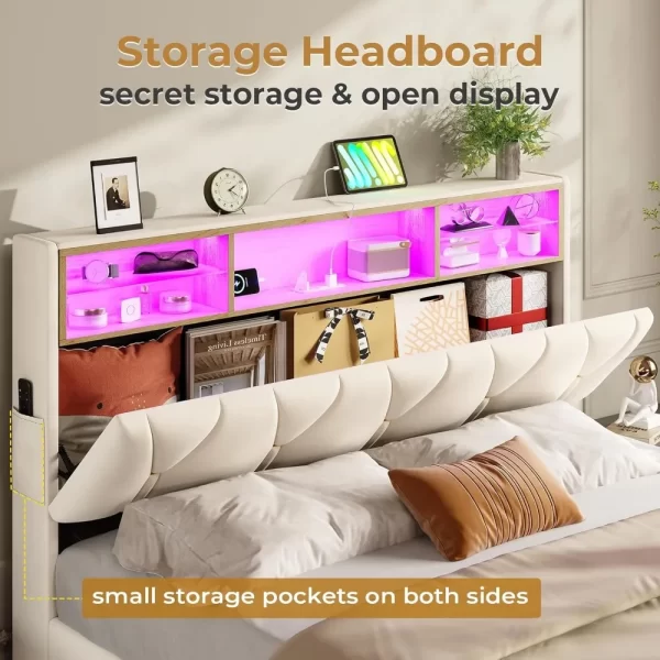 ADORNEVE Full Size Bed Frame with Led Lights and Storage Headboard, LED Bed Frame with Charging Station, Velvet Upholstered Plat - Image 5