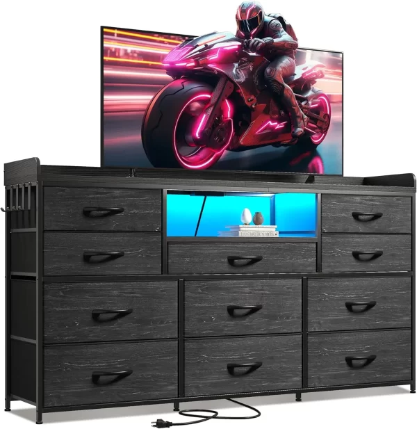 Dresser for Bedroom with 11 Drawers for 60" TV Stand for Bedroom with LED Lights & Charging Station Long Dresser with Shelves - Image 8