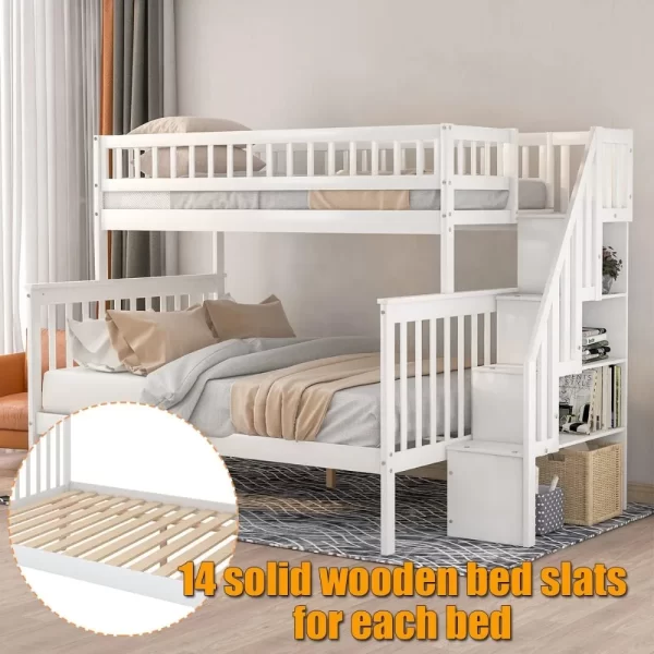 Twin Over Full Bunk Beds with Stairs, Wood Bunk Bed with Storage and Guard Rails,Bunk Beds Twin Over Full Size for Kids, Bedroom - Image 5