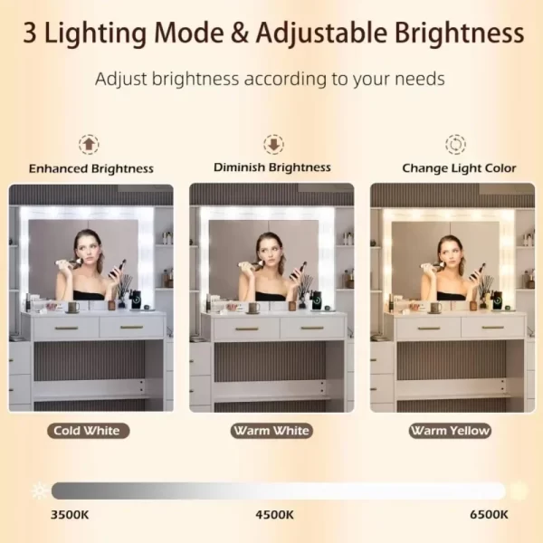 58.3" Vanity Desk with Mirror & Lights, Makeup Vanity with 10 LED Lights, 8 Metal Sliding Drawers & 2 Cabinets, White Vanity Set - Image 3