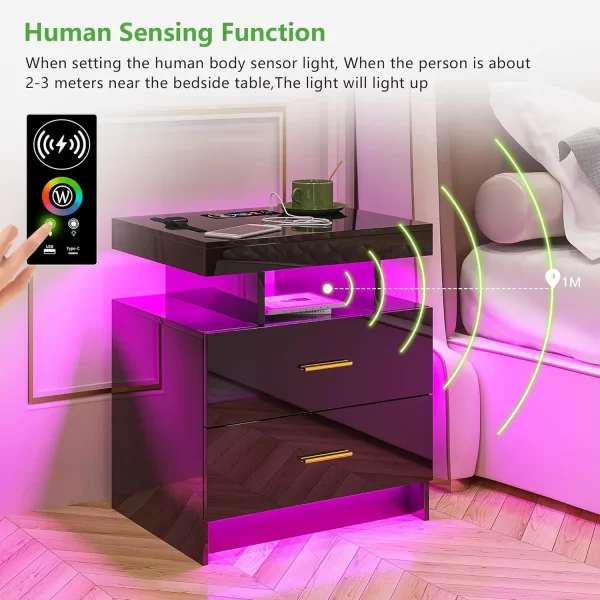 LED Nightstand, RGB Black Night Stand with USB/Wireless Charging Station, Modern Bedside Table has Auto Sensor RGB Lights - Image 3