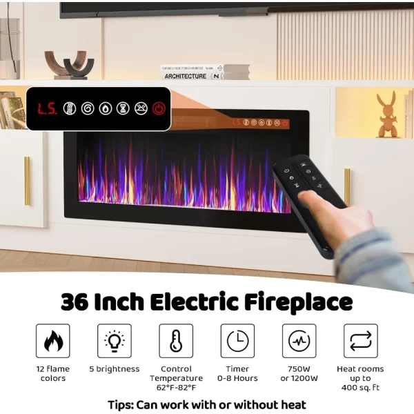 36 inch Fireplace Up to 90" TVs, LED Light Entertainment Center and Storage, 80" Modern Wood Media, TV Stands - Image 2