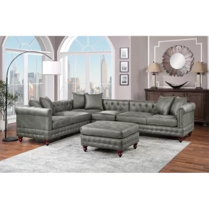 Reversible Leatherette Sectional Sofa, Slate Grey, Tufted Pillows