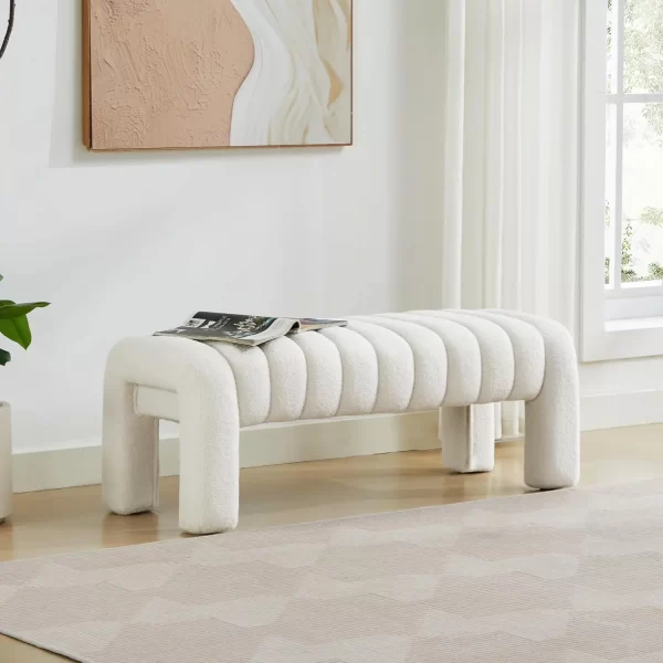 End of Bed Bench, Modern Sherpa Entryway Bench, Upholstered Ottoman Stool with Extra Length, Full Coverage Fabrics - Image 9