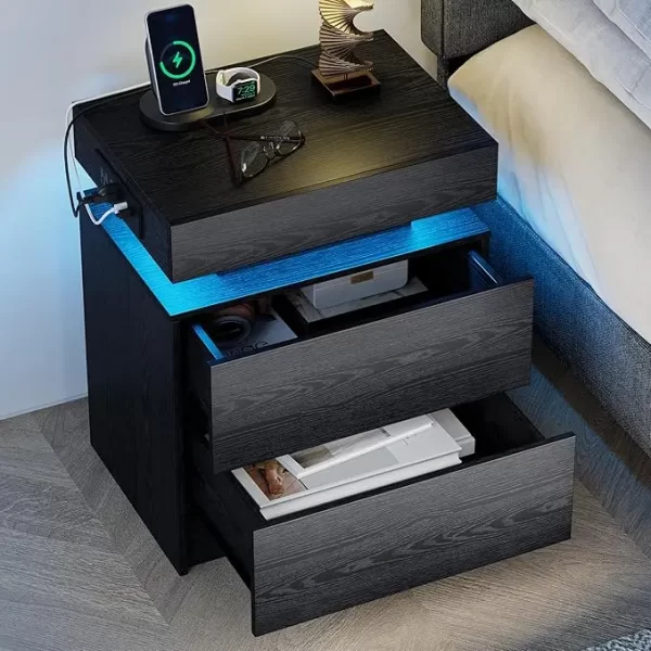 Night Stand Set of 2, Modern White Nightstand with with Charging Station, Bedside Tables with LED Light and Drawers, End Table - Image 7
