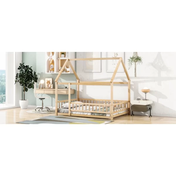 Full Size Floor Wooden Bed with House Roof Frame, Fence Guardrails ,Nartural(Old SKU:W504105242) - Image 6
