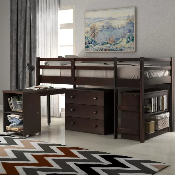 Loft Bed with Desk and Dresser, Wood Loft Beds Frame with Cabinet & Storage Shelves & Rolling Portable Desk for Boys, Girls - Image 7