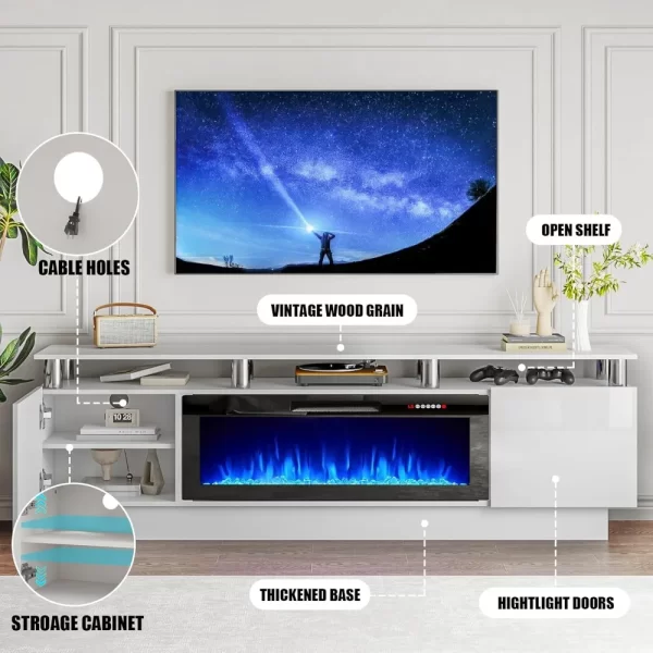 70" Modern Fireplace TV Stand with 36" Electric Fireplace for TVs Up to 80 inch, Luxury LED Light Entertainment Center with High - Image 3