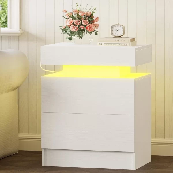 Night Stand Set of 2, Modern White Nightstand with with Charging Station, Bedside Tables with LED Light and Drawers, End Table - Image 3