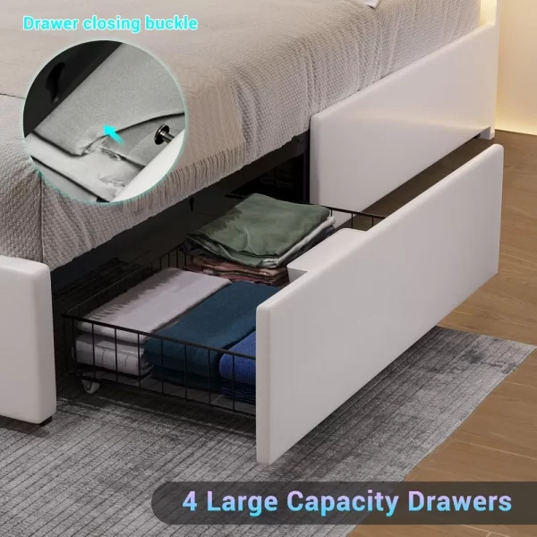 California King Bed Frame with 4 Storage Drawers,White Artificial Leather Upholstered Headboard, No Spring Needed, Noise Free - Image 5