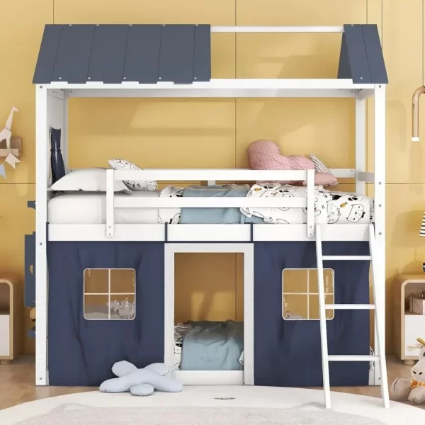 Twin Loft Bunk Bed with Tent,Kids Twin Loft Bed with Ladders,Guardrail,Windows & Roof,Suitable for bedrooms boys and girls - Image 2