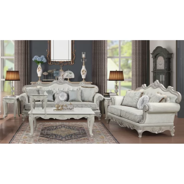 Tuscan Velvet Fabric Living Room Set - Silver Wood, 2Pc