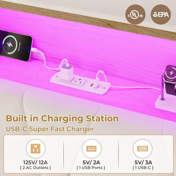 ADORNEVE Full Size Bed Frame with Led Lights and Storage Headboard, LED Bed Frame with Charging Station, Velvet Upholstered Plat - Image 6