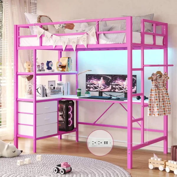 Twin Loft Bed with L-Shaped Desk, LED Lights,Charging Station LED Loft Bed Frame with 3 Storage Shelves and 3 Fabric Drawers - Image 9