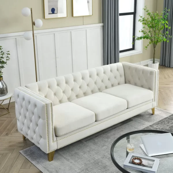 Modern Beige Velvet Sofa with Metal Legs - 3D Modeling Available! - Image 2