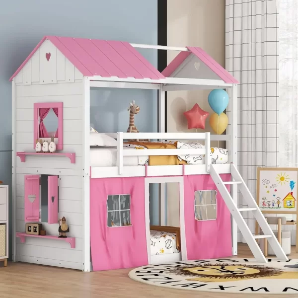 Twin Loft Bunk Bed with Tent,Kids Twin Loft Bed with Ladders,Guardrail,Windows & Roof,Suitable for bedrooms boys and girls - Image 8