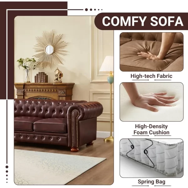 Chesterfield Sofa, 89" Faux Leather Sofa, Upholstered Sofa, Low Back, Rolled Arms Nailhead Trim, Classic 3 Seater Sofa - Image 3
