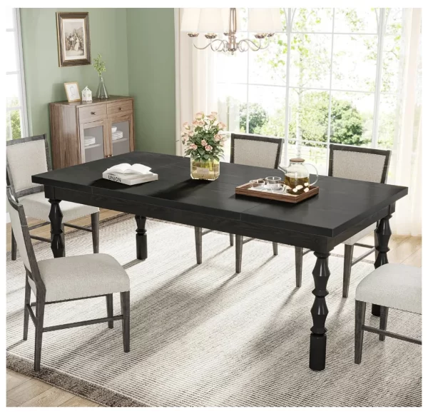 Wood Black Dining Table for 4-6 People, 62” Farmhouse Large Rectangle Kitchen Table, Modern Dinner Table Kitchen & Dining Room - Image 4