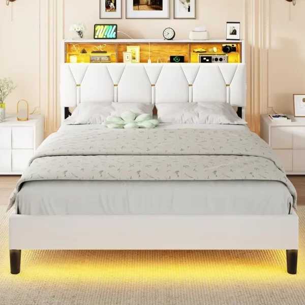 ADORNEVE Full Size Bed Frame with Led Lights and Storage Headboard, LED Bed Frame with Charging Station, Velvet Upholstered Plat - Image 4