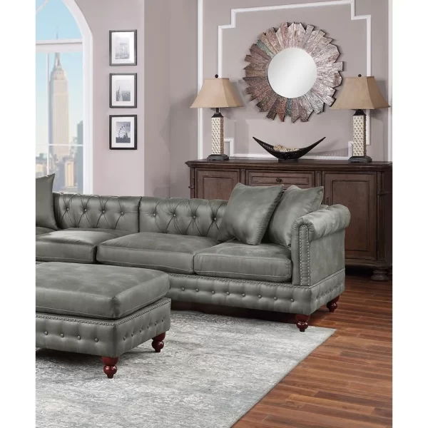 Reversible Leatherette Sectional Sofa, Slate Grey, Tufted Pillows - Image 5
