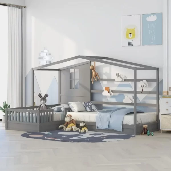 Solid Wood Twin Platform Beds Frame for 2 People, L Shaped Bed Frame with Roof, Twin Corner Bed House Beds for Kids - Image 3