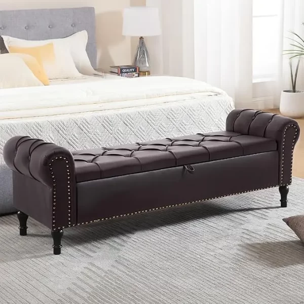 Leather Storage Bench 67 Inch Upholstered Tufted Ottoman Bench with Arms King Size End of Bed Bench for Bedroom Living Room Entr - Image 11