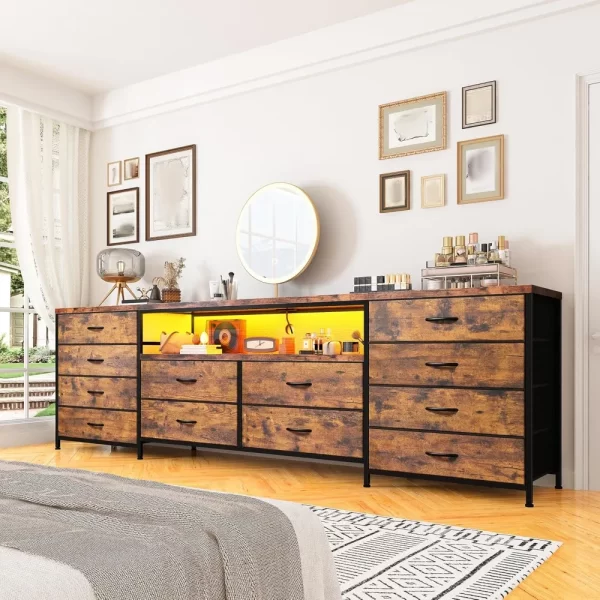 Fits 75" TV Stand Dresser with LED Lights & Power Outlets & 12 Drawers Dresser, Fabric Dresser Entertainment Center, TV Stand - Image 2