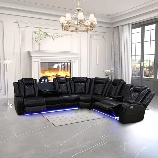 Power Reclining Sectional Sofa USB Chargers and Storage Console, Leather Recliner Sofa for Living Room Furniture Set - Image 6