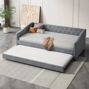Twin Size Daybed with Twin Size Trundle Upholstered Tufted Sofa Bed, with Button on Back and Copper Nail on Waved Shape Arms-Lig