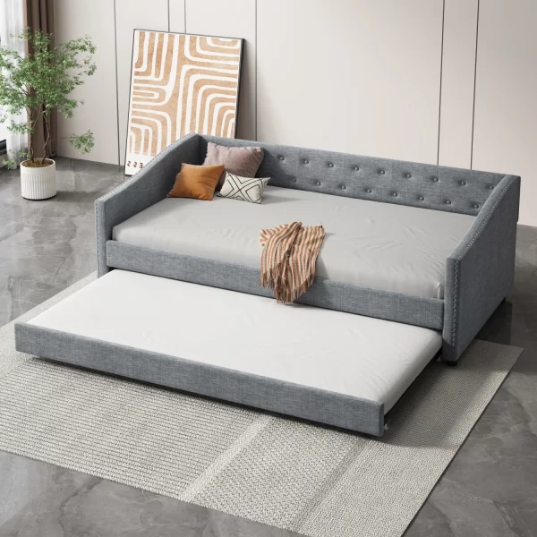 Twin Size Daybed with Twin Size Trundle Upholstered Tufted Sofa Bed, with Button on Back and Copper Nail on Waved Shape Arms-Lig
