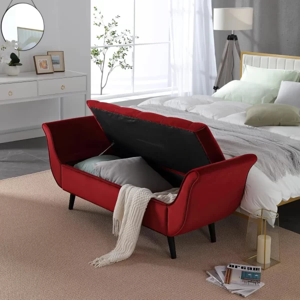 Velvet Storage Bench For Bedroom End Of Bed, 65"" Upholstered Rolled Armed Button Tufted Stool Bench, Storage Ottoman Long - Image 5